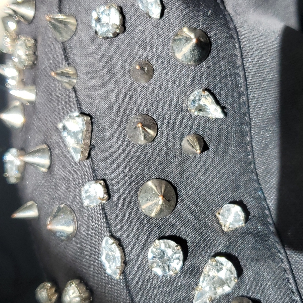 Sam Edelman Circus Spikes Stud Diamonds Gold Button Animal Print Black Jacket SM - Picture 8 of 11